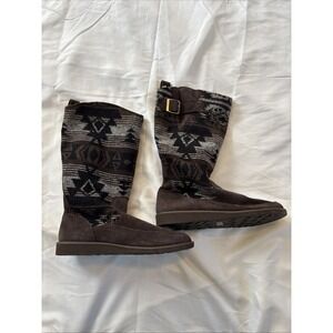 Sanuk Brown Navajo Suede Tall Faux Fur Boots‎ Winter Warm Women's Size 8.5